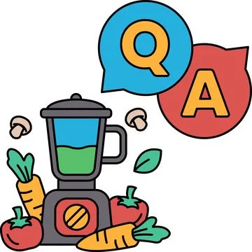 A blender with a bunch of vegetables in it and a Q and A sign above it Ilustração Stock