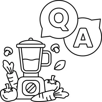 A blender with a bunch of vegetables in it and a Q and A sign above it Ilustração Stock