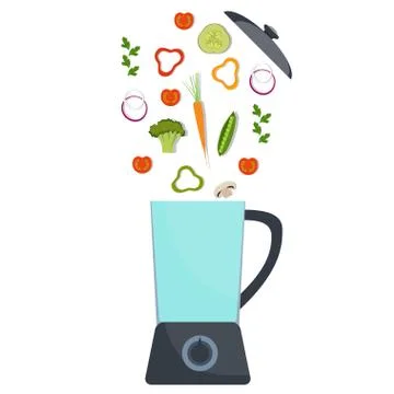 Blender with different vegetables. Broccoli, pepper, red tomato, carrot, onio Stock Illustration