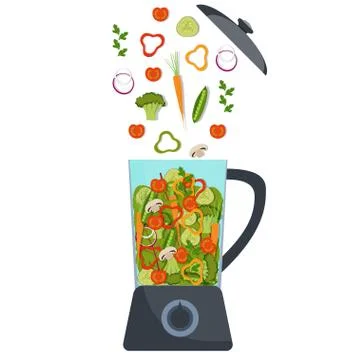 Blender with different vegetables. Broccoli, pepper, red tomato, carrot, onio Stock Illustration