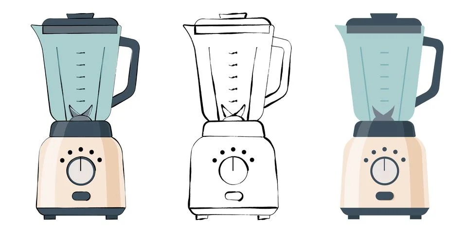 Blender kitchen appliance set in hand drawn line art style for smoothies an.. Stock Illustration