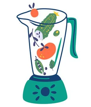 Blender with vegetables. Food processor, mixer. Cucumber, tomato, peas, spina Stock Illustration