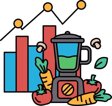 A blender with vegetables in it is shown with a graph in the background Stock Illustration