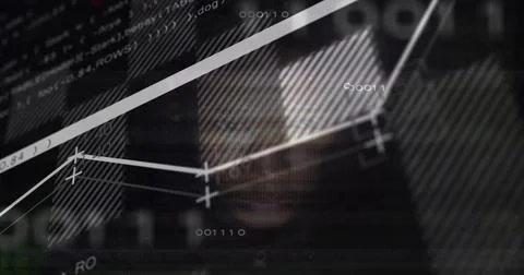 Blending blurred face into digital display, showing stepped line chart, Illustrazione stock