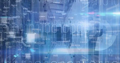 Blending digital cityscape with floating binary code in city skyline, with 写真素材