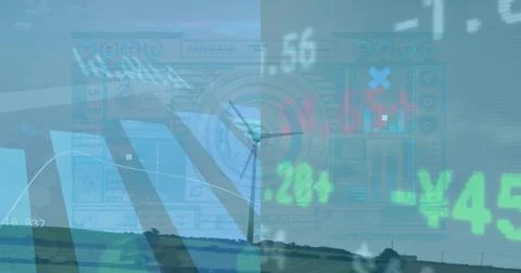 Blending digital overlay with rolling fields from low view showing central clock Stock Illustration