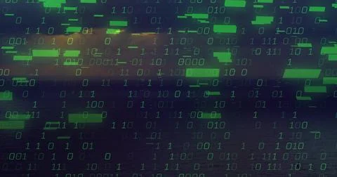 Blending green binary code overlay streaming across sea horizon at dusk, rect 写真素材