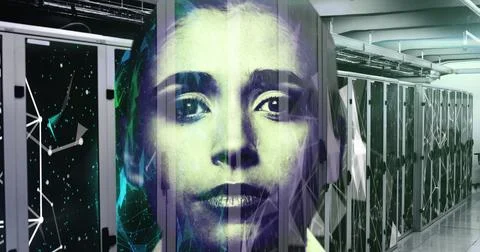 Blending human face with futuristic server room, depicting AI integration Illustrazione stock