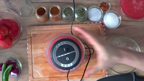 Blending Ingredients For Tomato Salsa Sauce Stock Footage 220350039