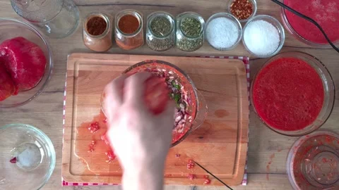 Blending Ingredients For Tomato Salsa Sauce Stock Footage 220350171
