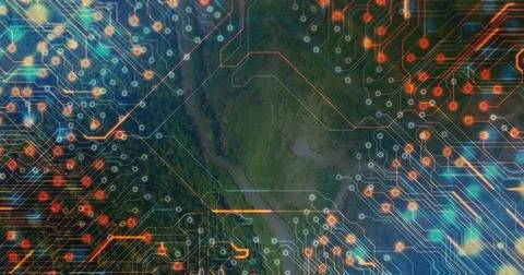 Blending landscape with translucent circuit overlay in aerial view, revealing Stock Illustration