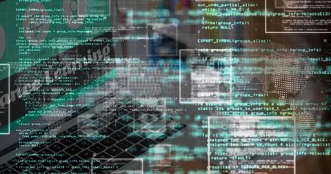 Blending laptop keyboard with code snippets on tech desk, showing world map and Stock Photos