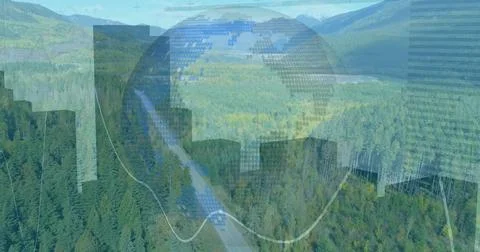 Blending pixelated globe with wavy graph gridlines above highway to distant lake Stock Photos