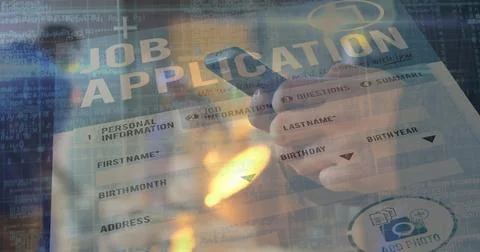 Blending printed job application form with code overlay in digital interface, Stock Photos