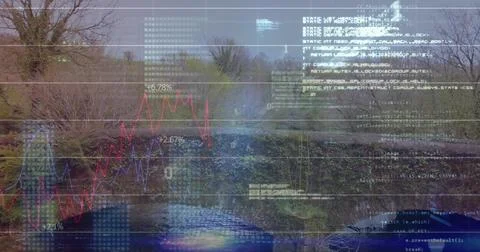 Blending river stream with data overlays at wooded bank, showing red blue Foto stock