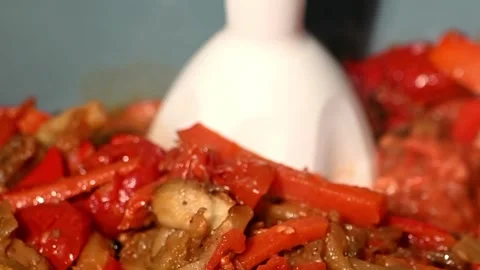 Blending Roasted Vegetables into Sauce with Immersion Blender. Close-Up Creamy Stock Footage 326242335