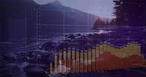 Blending rocky shoreline with translucent 3D bar chart at waterline, amber and 写真素材