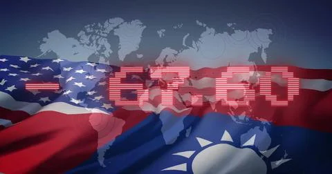 Blending US-Taiwan flags in digital graphic showing wavy fabric, world map, red Stock Illustration