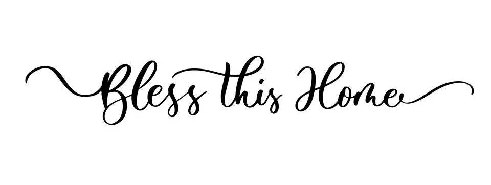 Bless This Home lettering in elegant cursive script with decorative flourishe Stock Illustration