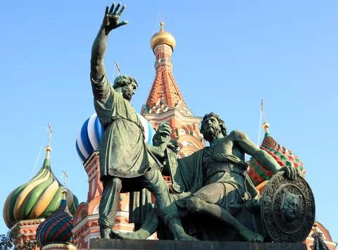 Blessed basil cathedral and Statue of Minin and Pozharsky Stock Photos
