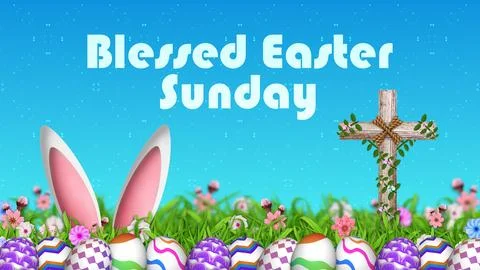 Blessed Easter Sunday Greeting with Bunny Ears and Eggs Stock Illustration