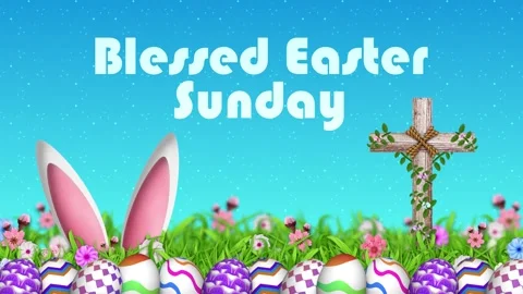 Blessed easter sunday text shines over painted eggs and the wooden crucifix Stock Footage 331129523