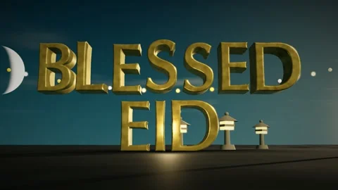 Blessed Eid Polished Gold 3D Letters under a Crescent Moon with Hanging Stock Footage 343813948