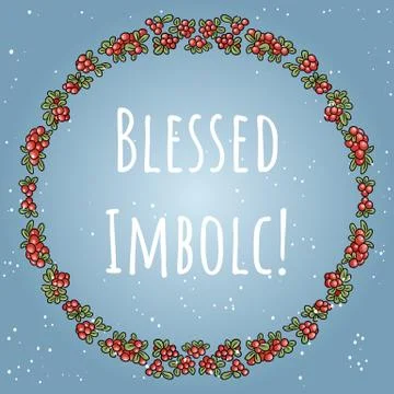 Blessed Imbolc the beginning of spring pagan holiday text in a wreath of red Stock Illustration