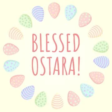 Blessed Ostara postcard with Easter eggs wreath in pastel colors. Cute Ostara Stock Illustration