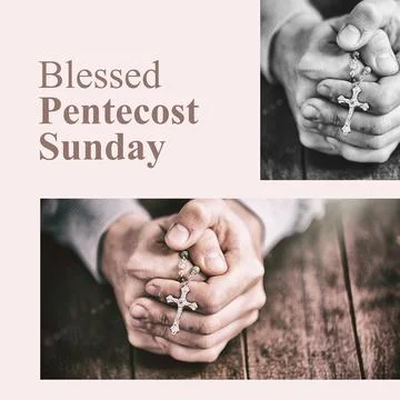 Blessed pentecost sunday text in brown on light pink and caucasian female hands Stock Illustration