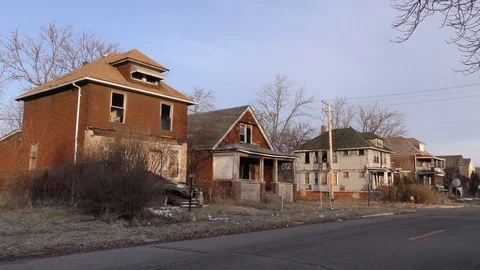 Blighted neighborhood, West side Detroit, Michigan, USA Stock Footage