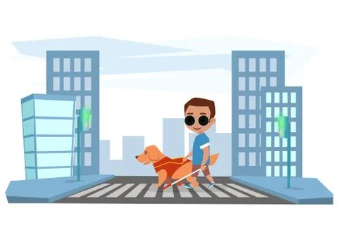 Blind boy crosses the road with a guide dog Stock Illustration