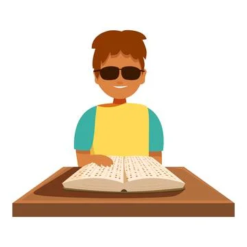 Blind boy reading braille book at desk, education and inclusivity Stock Illustration