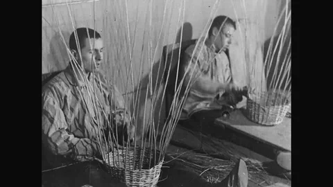 Blind Boys Weaving Straw Baskets And Chairs Stock Footage 88626937
