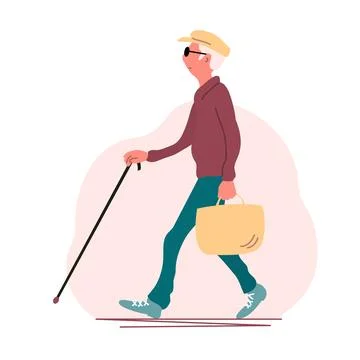 Blind elderly man with a cane walks down the street Stock Illustration