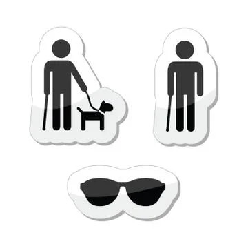 Blind man icons set - with guide dog, walking stick Stock Illustration