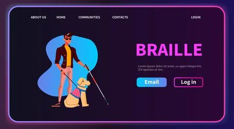 Blind man walking with guide dog assistant animal leading male character Ilustración de archivo