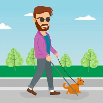 Blind man walking street with help of guide dog Stock Illustration