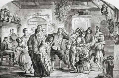 Blind man's buff, 19th century parlour games.  From L'Univers Illustre, publishe Stock Illustration