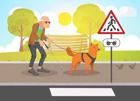 Blind old man character walking with guide dog on street background Stock Illustration