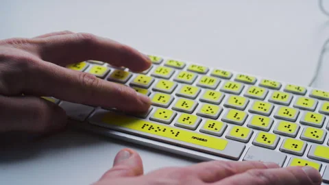 Blind person man hands using computer braille keyboard or terminal a technology Stock Footage 319748870