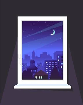 Blind window. City landscape. Evening time. Downtown skyscrapers. Urban building Stock Illustration