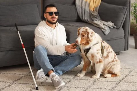 Blind young man taking key from guide dog at home Stock Photos