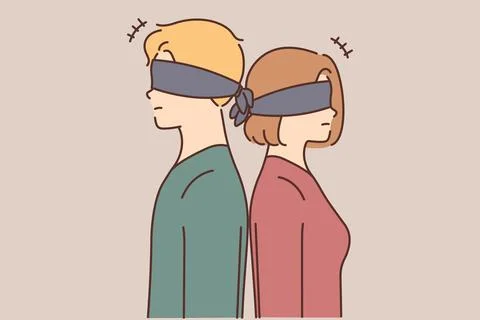 Blindfolded couple stand back to back Stock Illustration