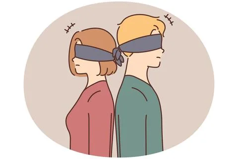 Blindfolded couple stand back to back Stock Illustration