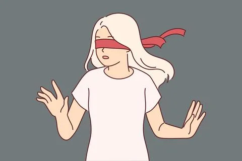 Blindfolded girl cannot navigate in space due to forced blindness and turns with Stock Illustration