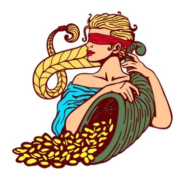 Blindfolded goddess of fortune holding cornucopia horn of plenty full of gold Illustrazione stock