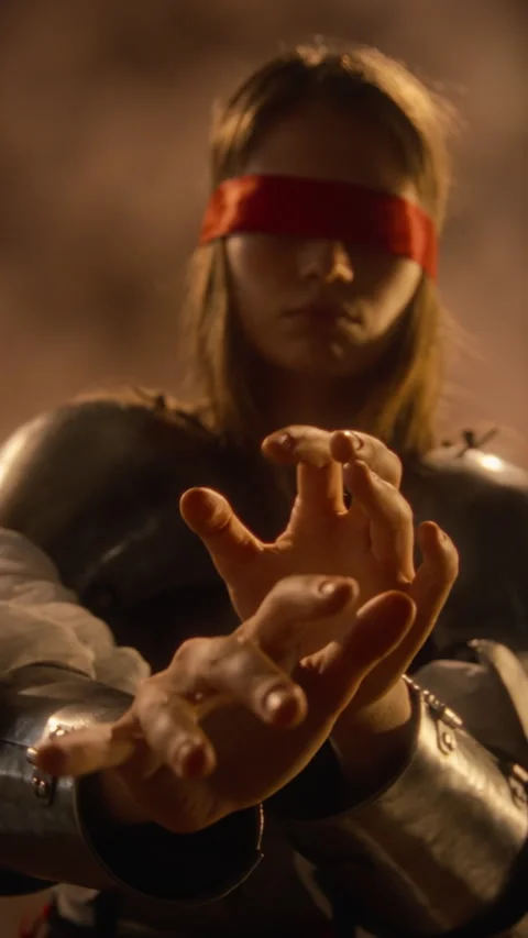 Blindfolded Woman in Knight Armor Reaching Hands Forward Stock Footage 345521553