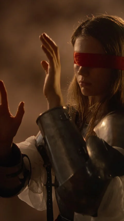Blindfolded Woman in Medieval Armor Gesturing with Hands Stock Footage 345521071