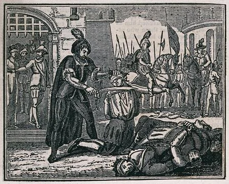 A blindfolded young man is kneeling down about to be beheaded with a sword... Stock Illustration